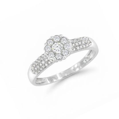 ACAI ring with rosette and halo and diamonds in 18-karat white gold