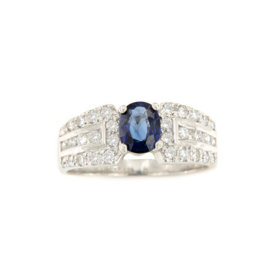 Anillo AZAROLE centro zafiro y diamantes en oro blanco 18 ktes
