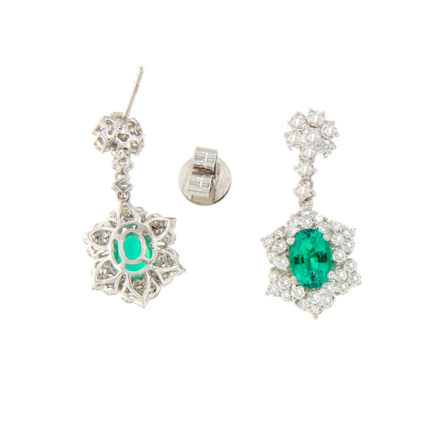 Pendientes TUNO largos oro blanco 18 ktes roseta esmeralda y brillantes