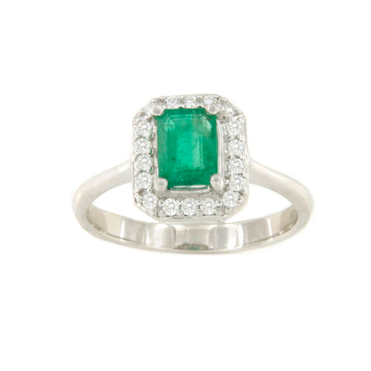 Anillo MARACUYA roseta esmeralda  y brillantes oro blanco de 18 ktes.