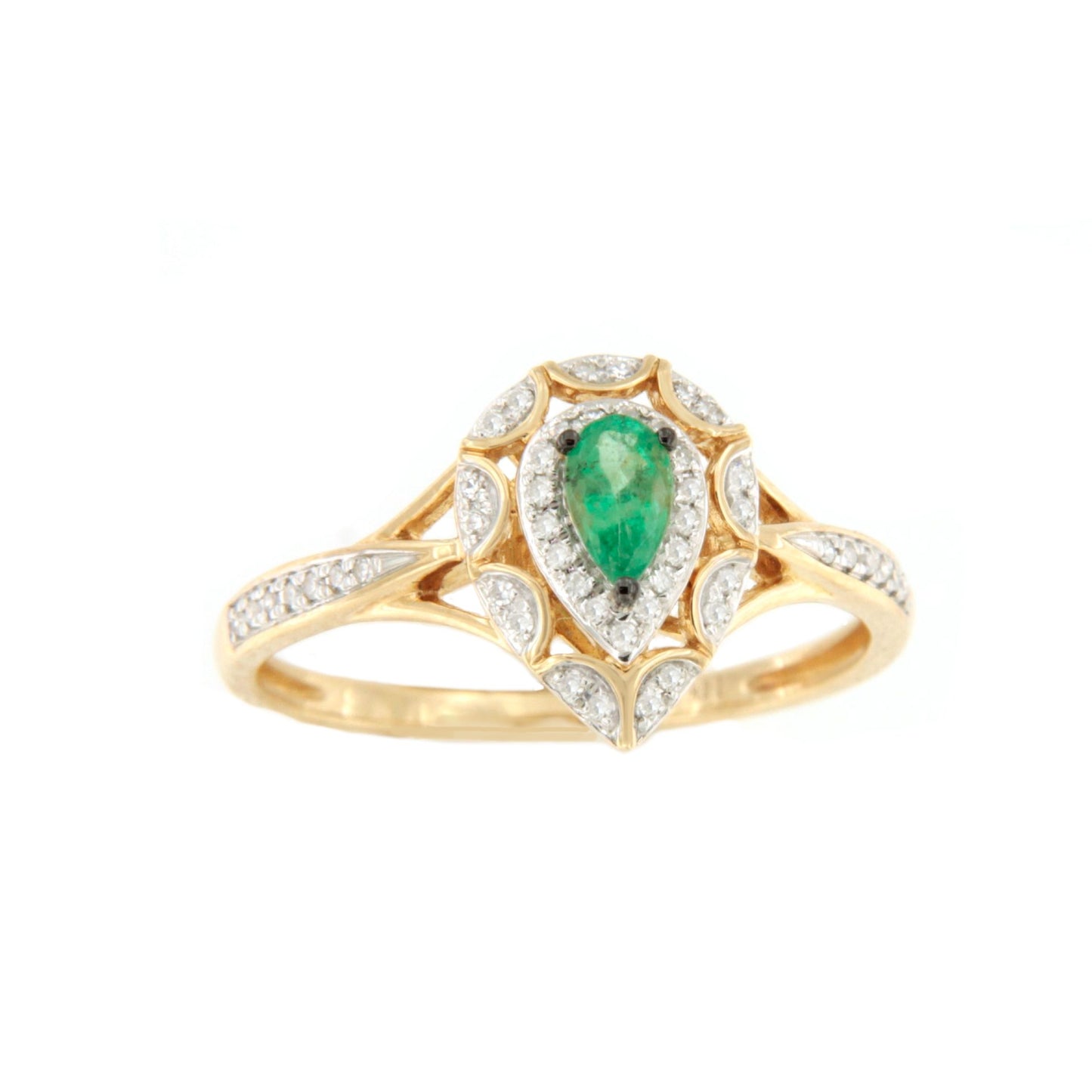 Anillo SAIREN con brillantes en oro amarillo de 14 ktes y esmeraldas