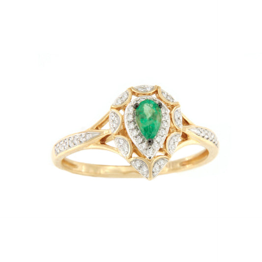 Anillo SAIREN con brillantes en oro amarillo de 14 ktes y esmeraldas