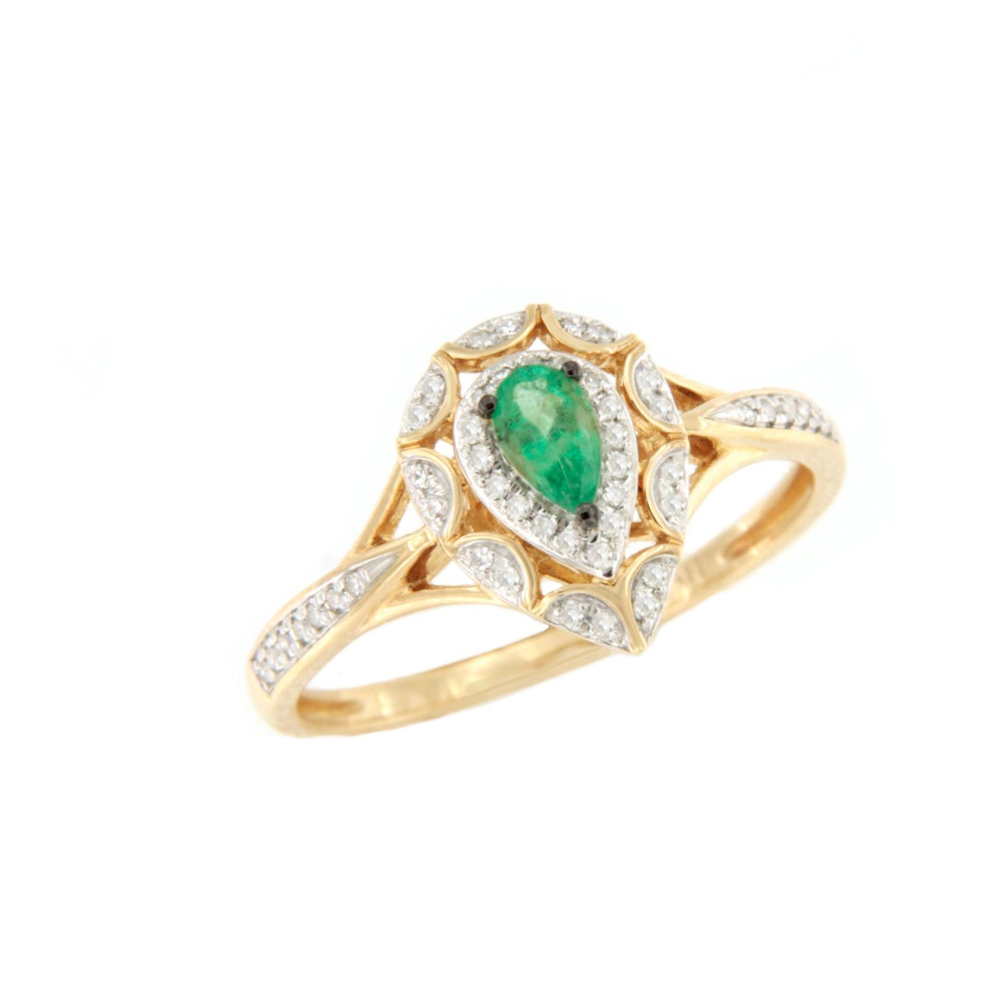 Anillo SAIREN con brillantes en oro amarillo de 14 ktes y esmeraldas