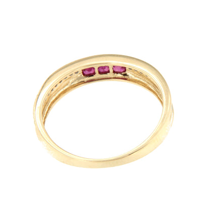 Anillo TISARA alianza con brillantes en oro amarillo de 14 ktes y rubies/esmeraldas