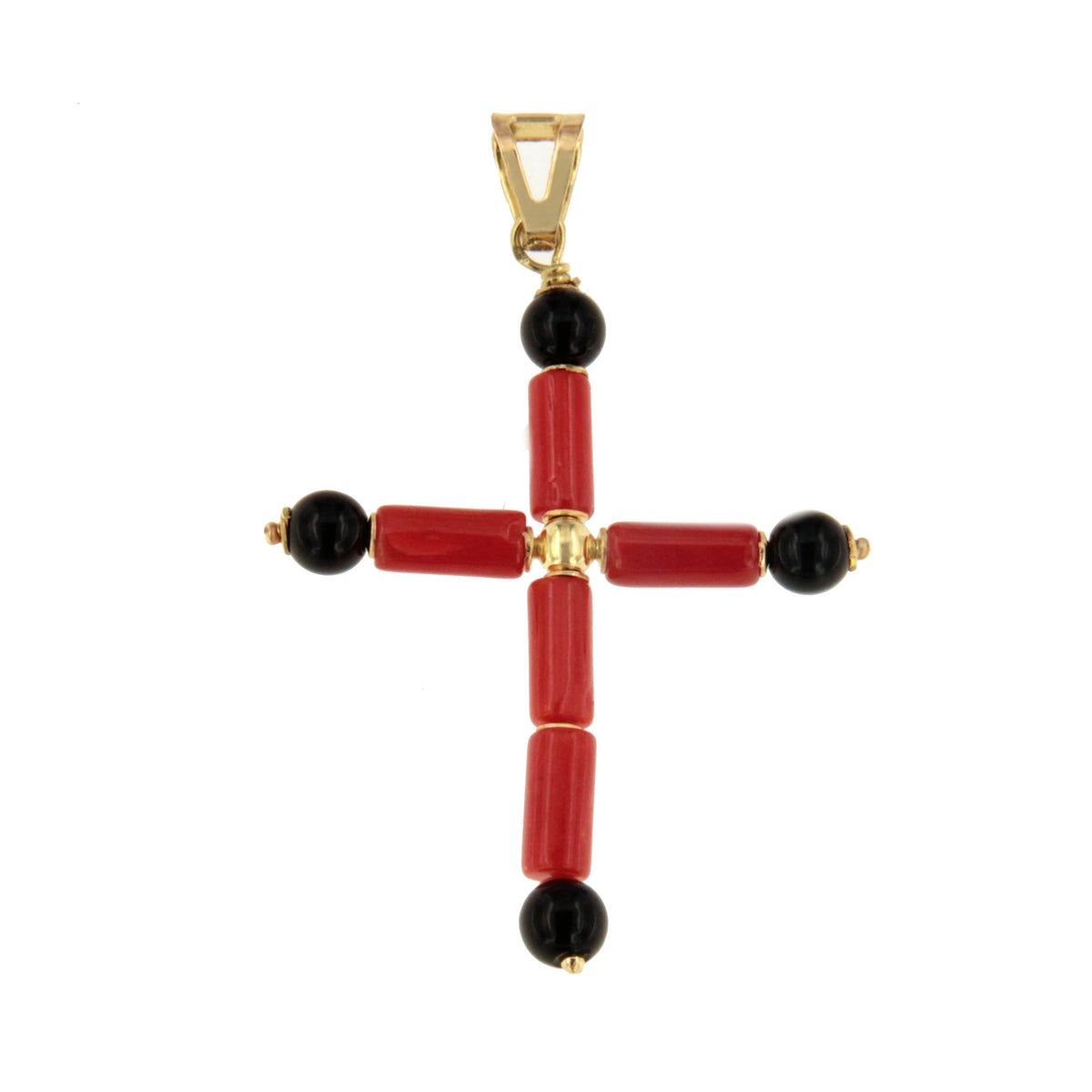 Colgante cruz ERANTO en coral y onix con oro de 18 kilates