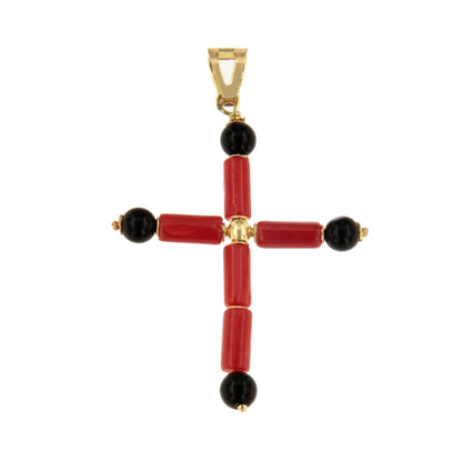 Colgante cruz ERANTO en coral y onix con oro de 18 kilates