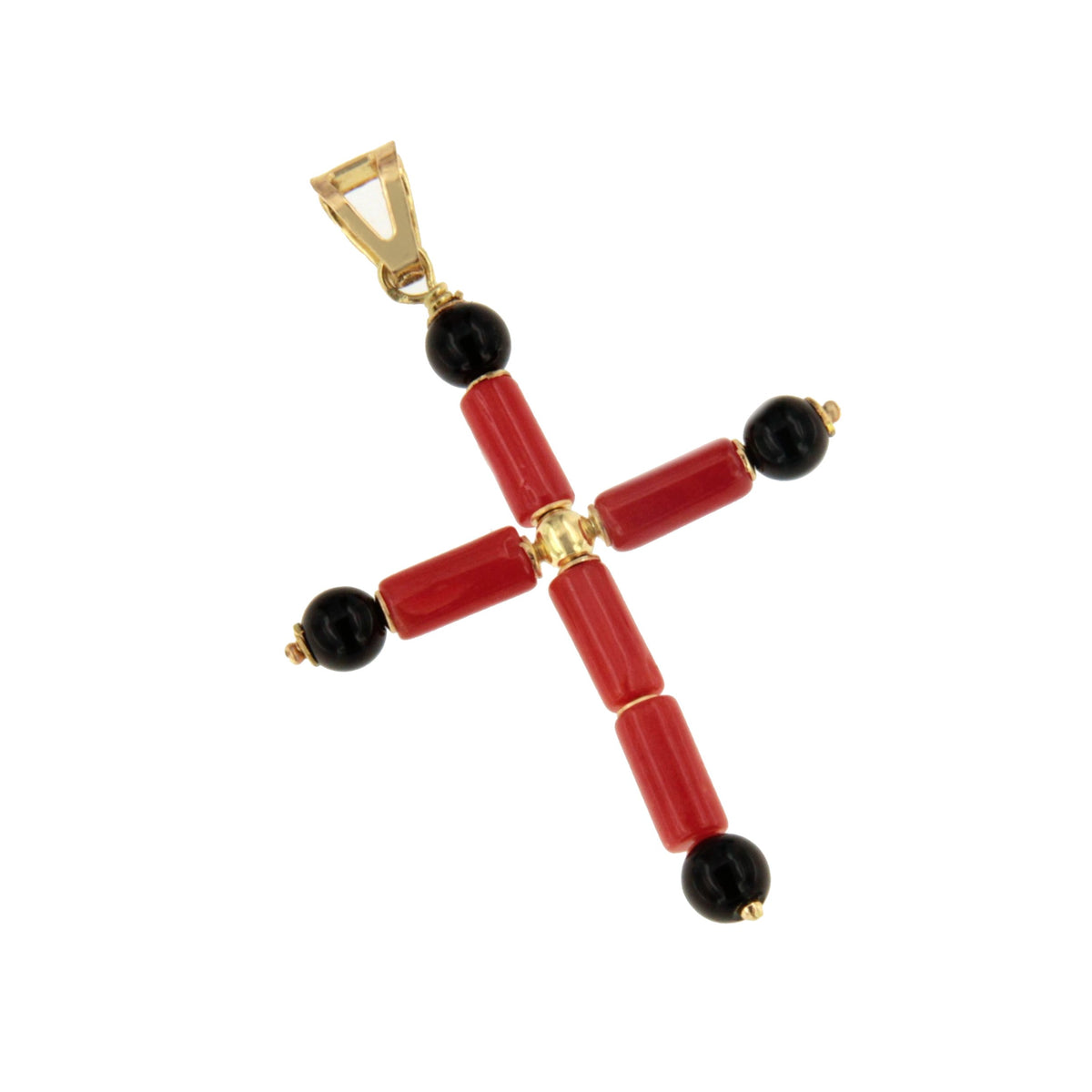 Colgante cruz ERANTO en coral y onix con oro de 18 kilates