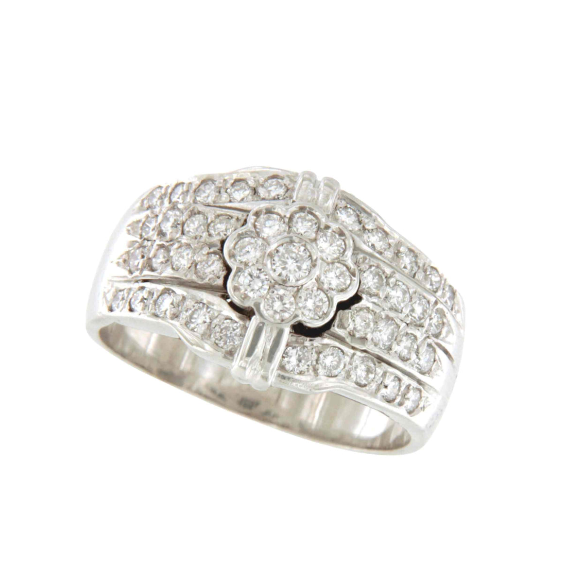 Anillo TRITON centro roseta y brazo con brillantes en oro blanco de 18 ktes