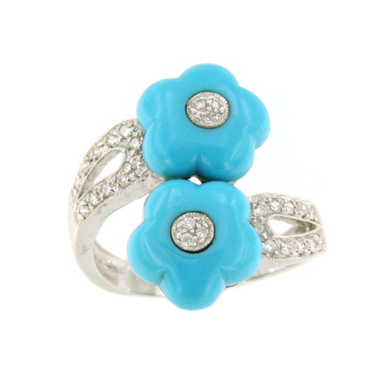 Anillo COLUNGA flor turquesa en oro blanco de 18 ktes con brillantes.
