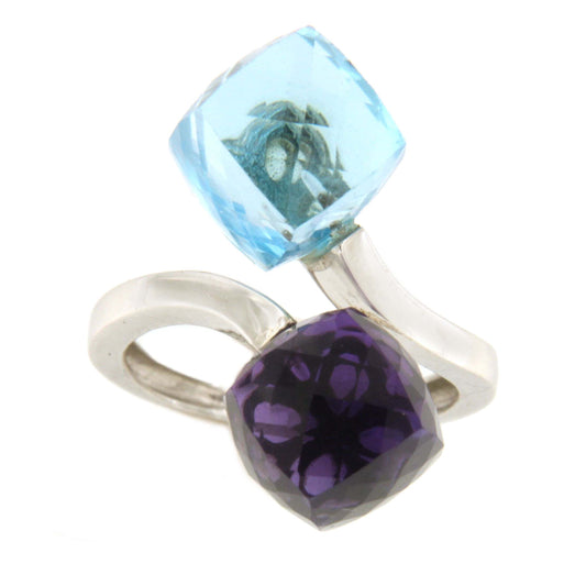 Anillo LANGREO tu y yo en amatista y cuarzo azul  en oro blanco de 18 ktes.