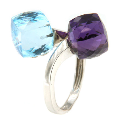 Anillo LANGREO tu y yo en amatista y cuarzo azul  en oro blanco de 18 ktes.
