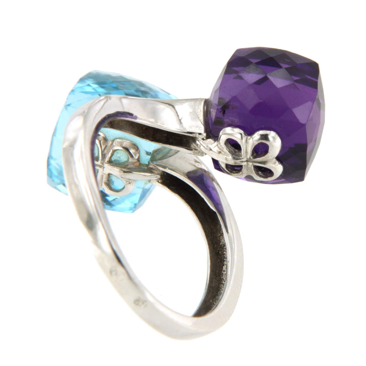 Anillo LANGREO tu y yo en amatista y cuarzo azul  en oro blanco de 18 ktes.