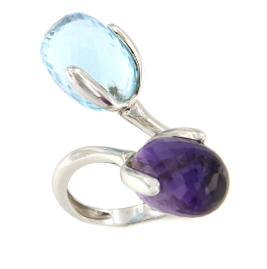 Anillo NAVAS tu y yo en amatista y cuarzo azul  en oro blanco de 18 ktes.