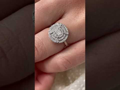 Anillo TOMASA centro redondo baguettes y brillantes en oro blanco