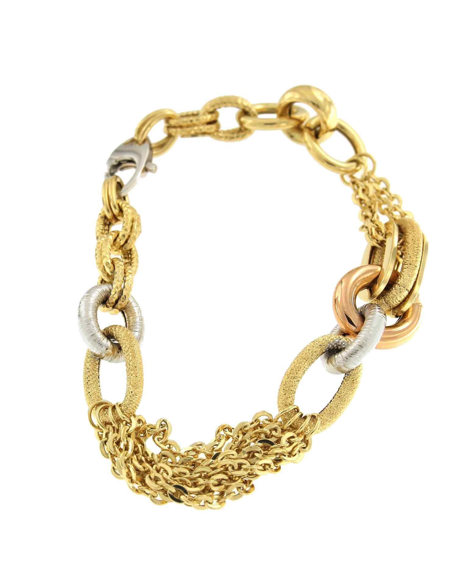 Pulsera ASLAN de oro en tres colores de varios tipos de eslabones de cadenas - Roman Joyero
