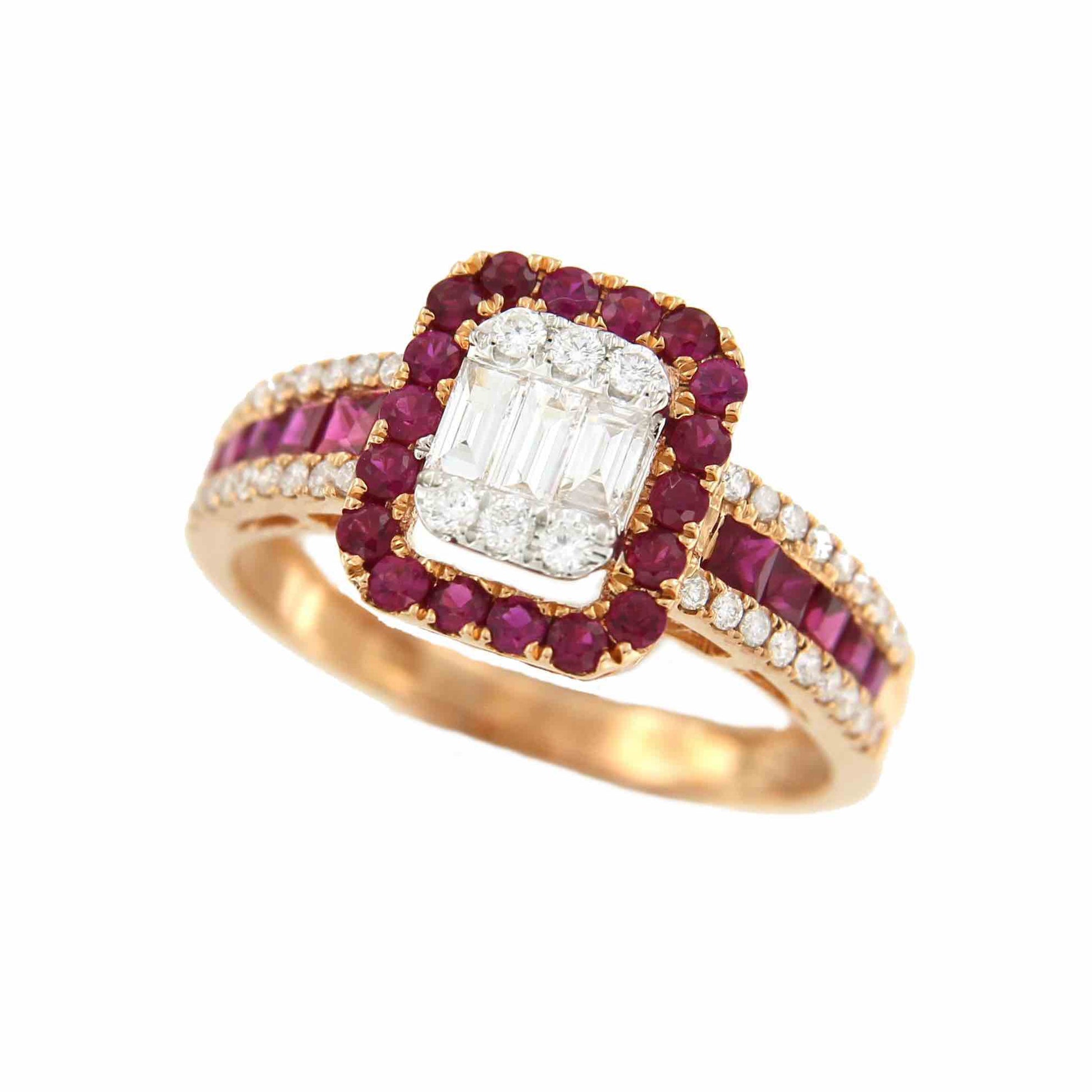 Anillo SERVAT en oro rosa con brillantes, baguettes y rubies - Roman Joyero