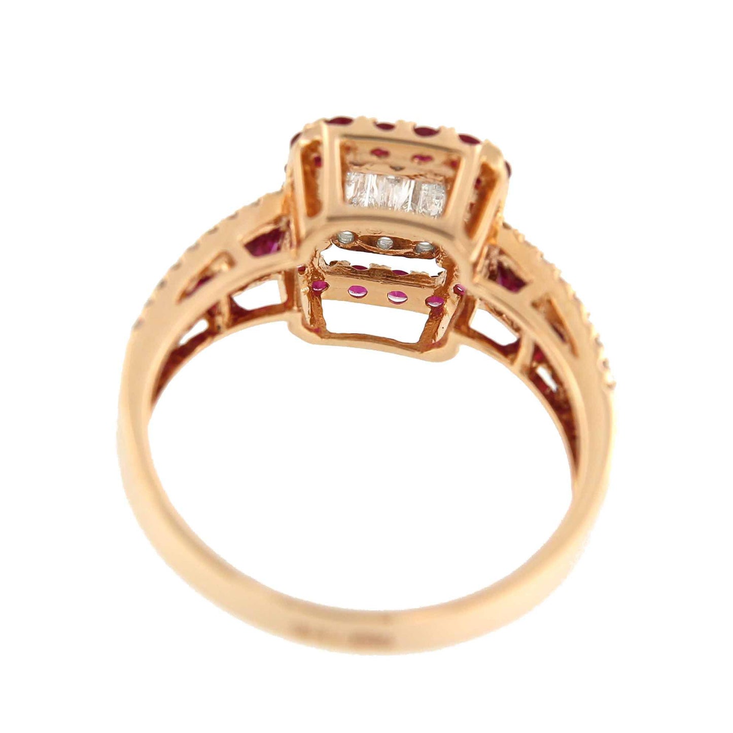 Anillo SERVAT en oro rosa con brillantes, baguettes y rubies - Roman Joyero