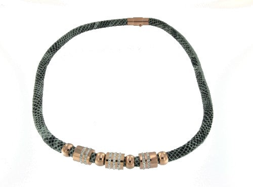 Collar de acero y piel en color gris con circonitas. - Roman Joyero