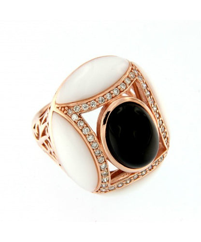 AMBROSE, anillo de plata rosada con ágata blanca y onyx - Roman Joyero