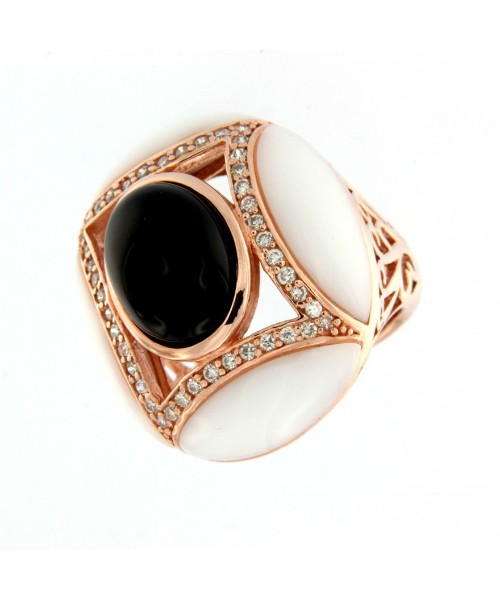 AMBROSE, anillo de plata rosada con ágata blanca y onyx - Roman Joyero