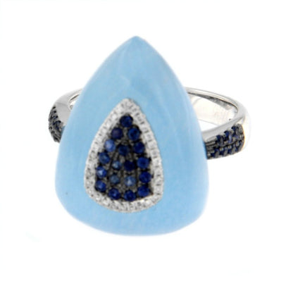 SALSA, anillo de oro blanco, calcedonia celeste, diamante y zafiro - Roman Joyero