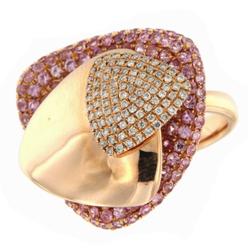 TWIST, anillo de oro rosa con triángulos de diamantes de colores - Roman Joyero