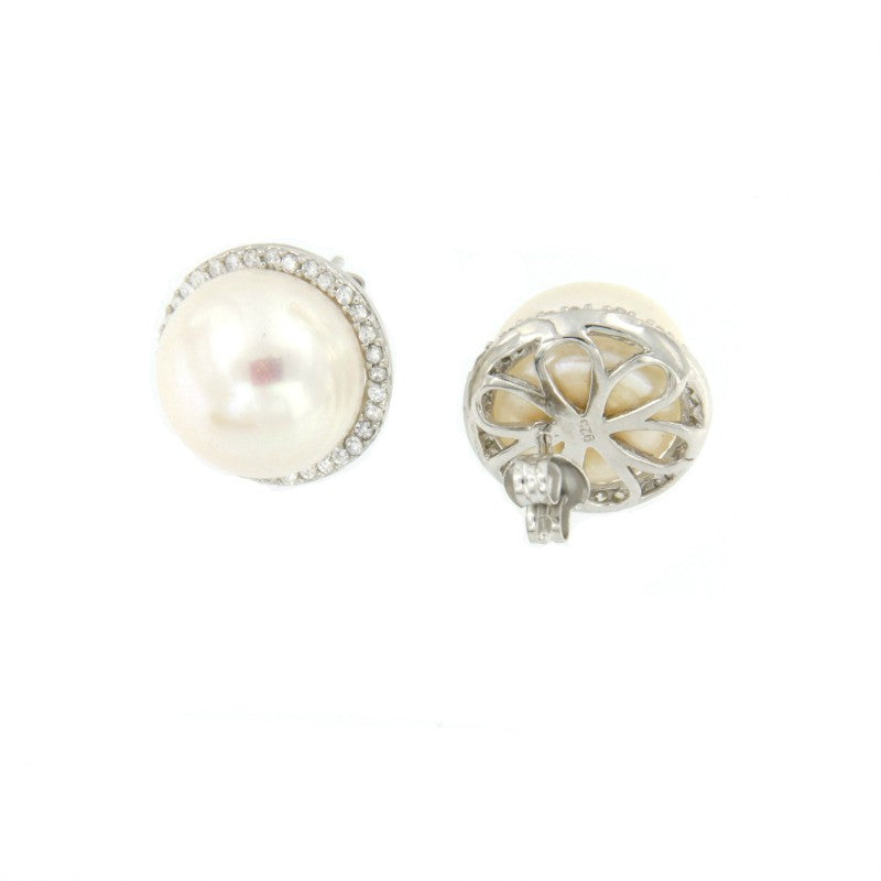 Pendientes cortos de plata con baño de rodio y perlas - Roman Joyero