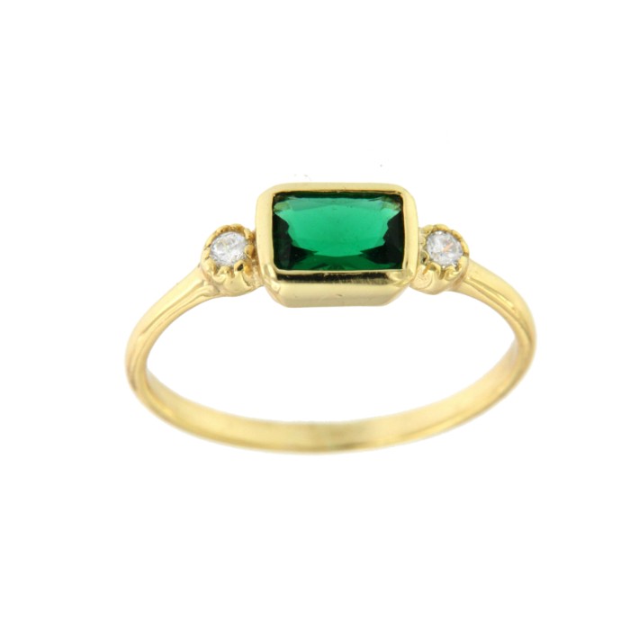 Anillo plata con baño de oro, cuarzo verde rectangular y circonita - Roman Joyero