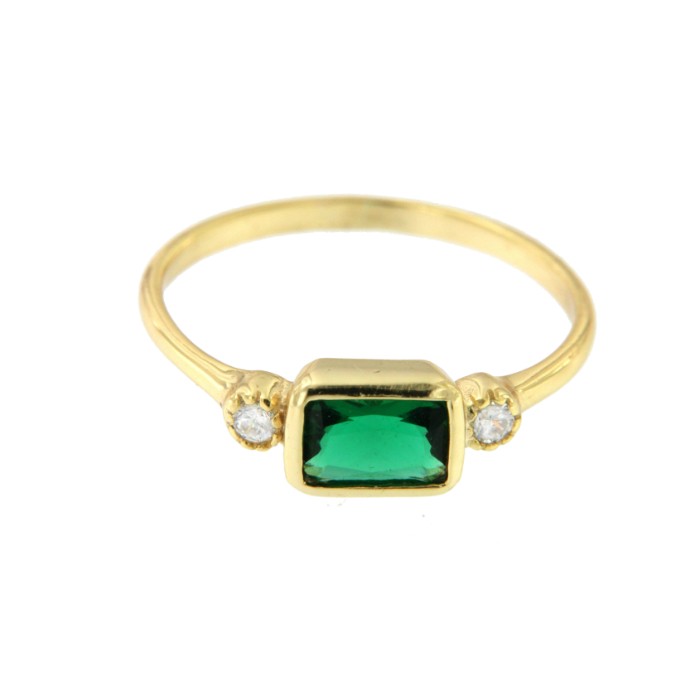 Anillo plata con baño de oro, cuarzo verde rectangular y circonita - Roman Joyero