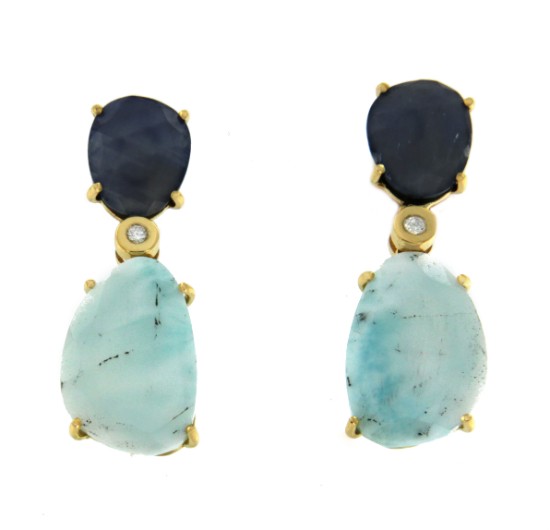 Pendientes de oro amarillo con zafiro y larimar - Roman Joyero