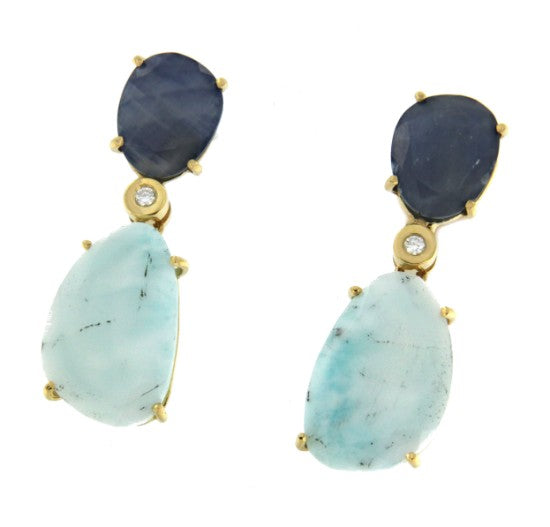 Pendientes de oro amarillo con zafiro y larimar - Roman Joyero