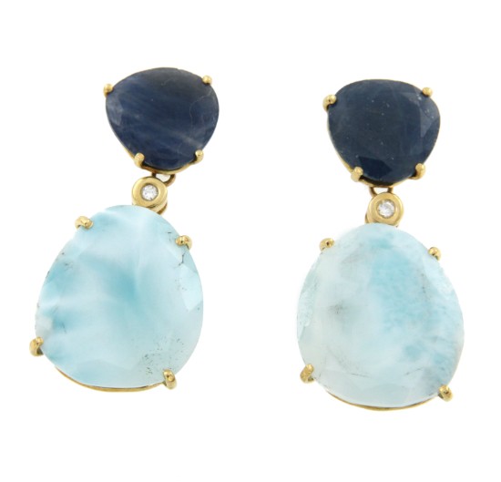 Pendientes desmontables de oro amarillo con zafiro y larimar - Roman Joyero