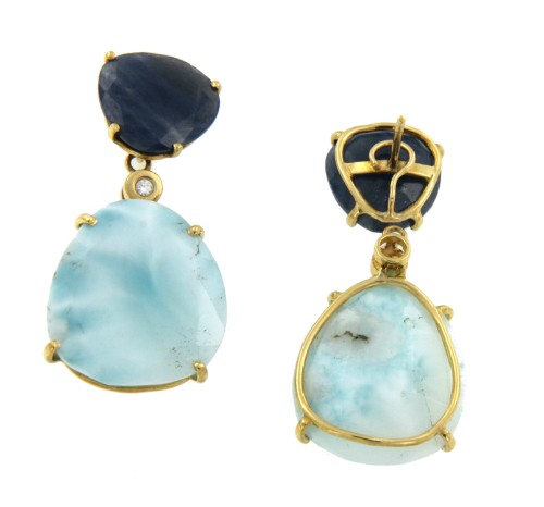 Pendientes desmontables de oro amarillo con zafiro y larimar - Roman Joyero